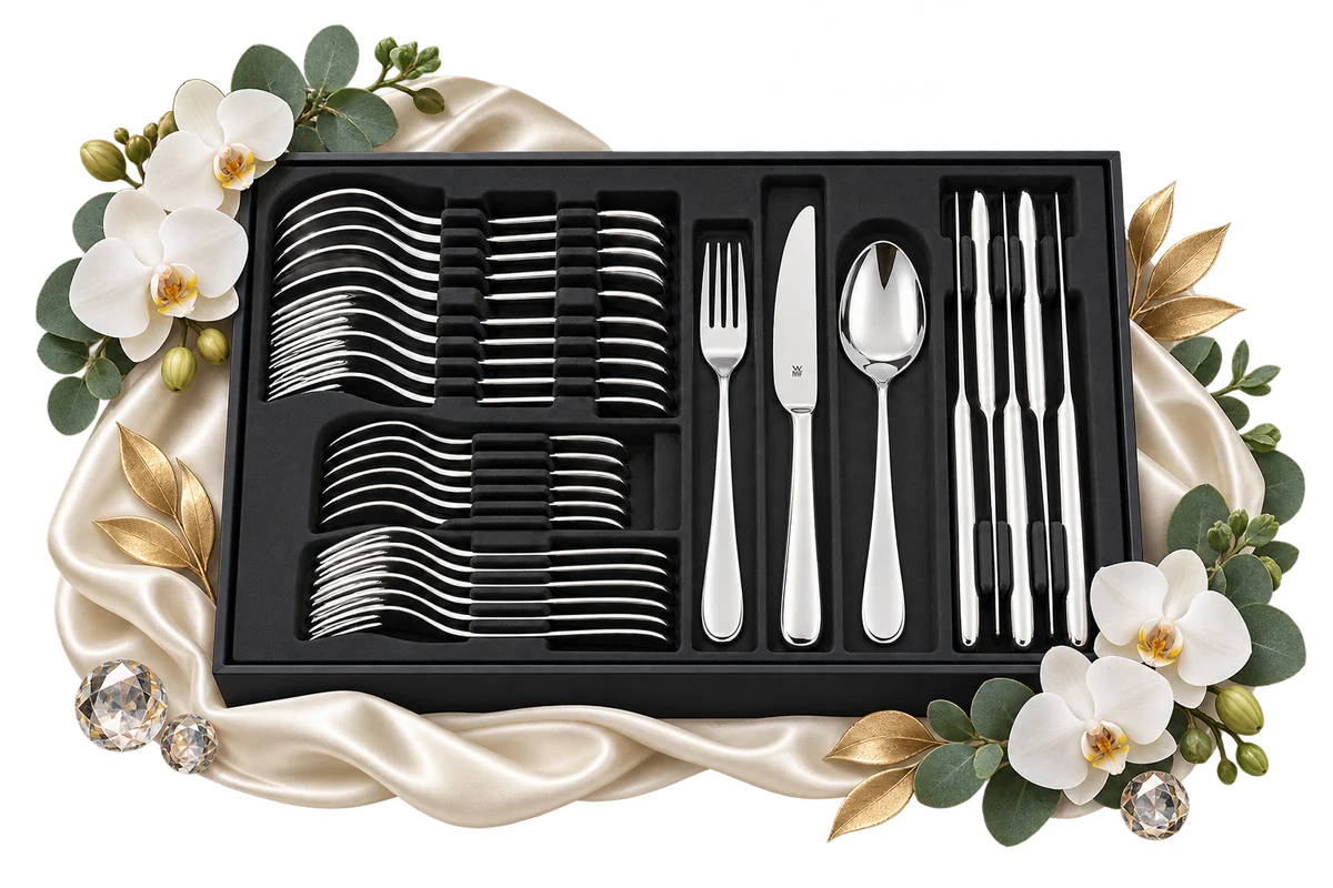 WMF 60-piece cutlery set in its black presentation box, styled with white orchids, silk and gold leaves