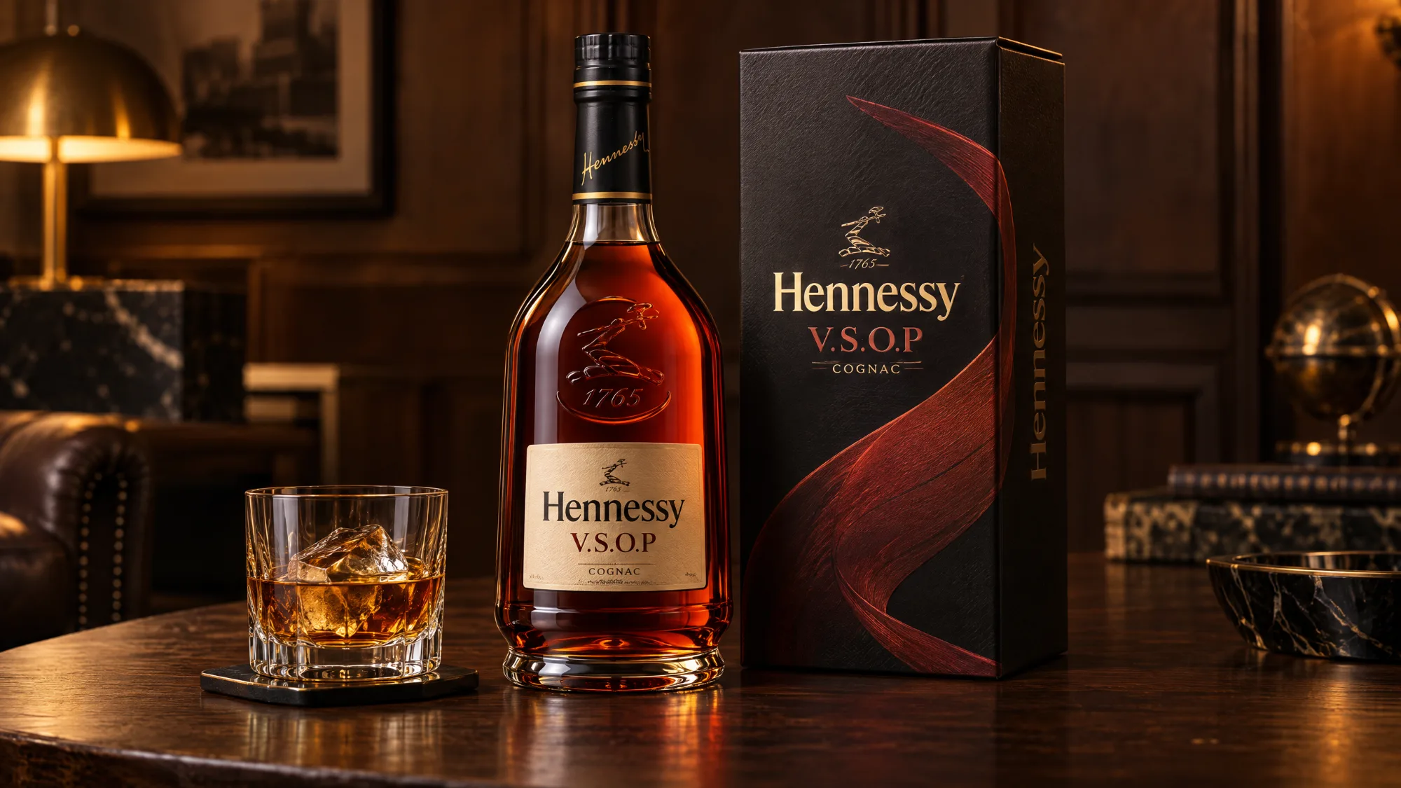 A bottle of Hennessy V.S.O.P Cognac beside its black gift box and a glass of cognac over ice, on a dark wooden table in a panelled lounge with a brass lamp.