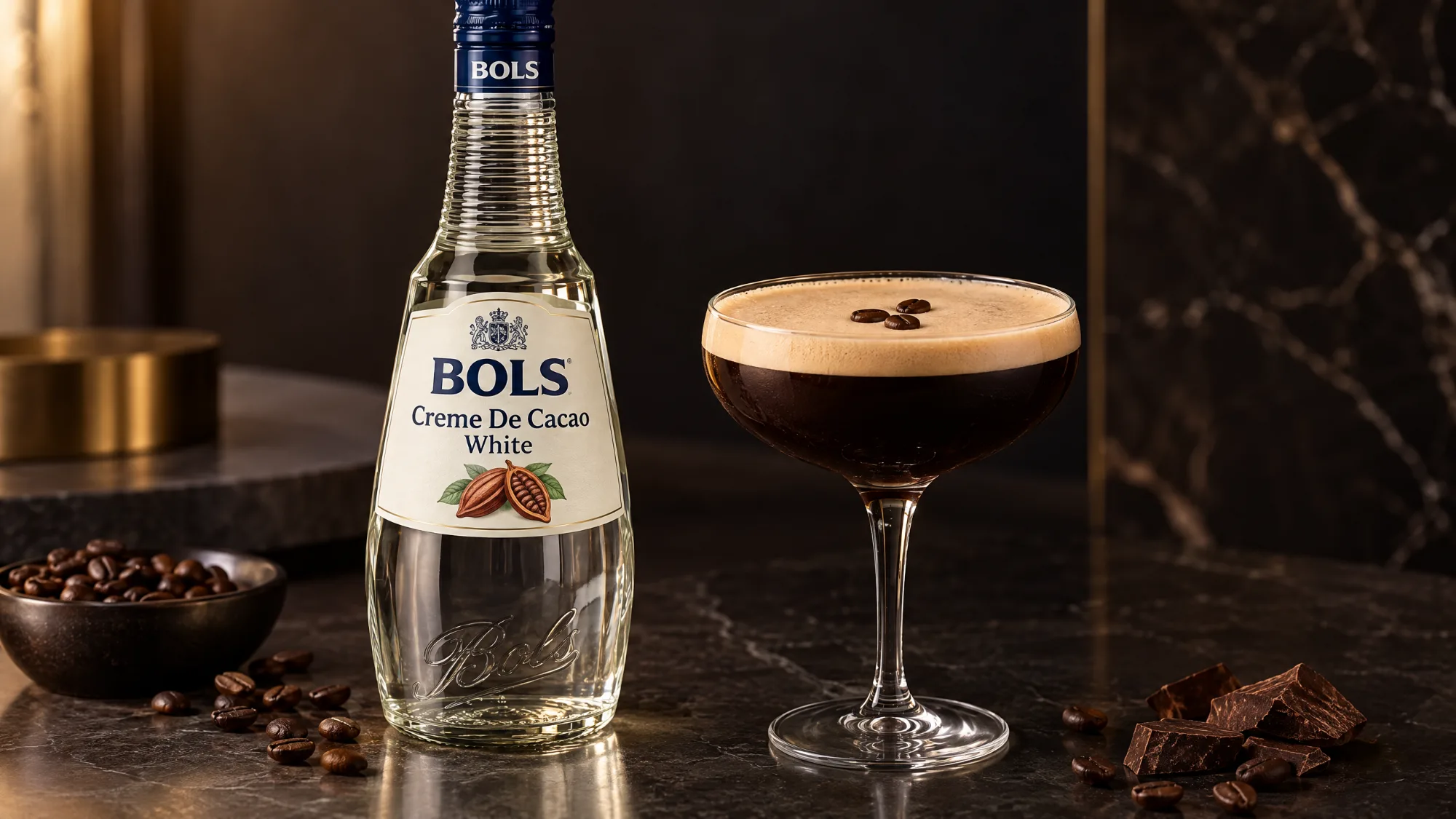 A bottle of BOLS Creme De Cacao White beside an espresso martini topped with three coffee beans, with a bowl of coffee beans and pieces of dark chocolate on a dark marble counter.