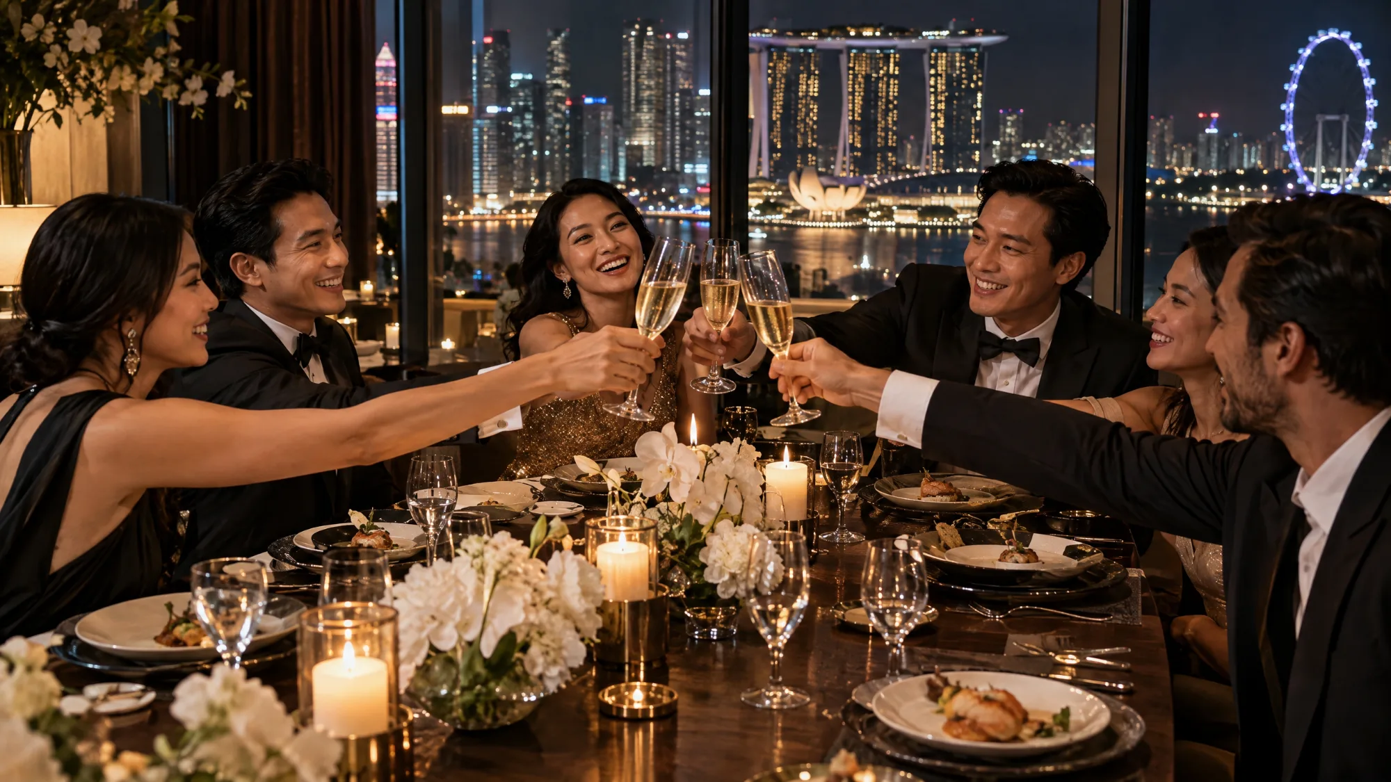 Guests in evening wear raising champagne flutes in a toast across a candlelit dinner table set with white flowers, with the Marina Bay skyline behind them.
