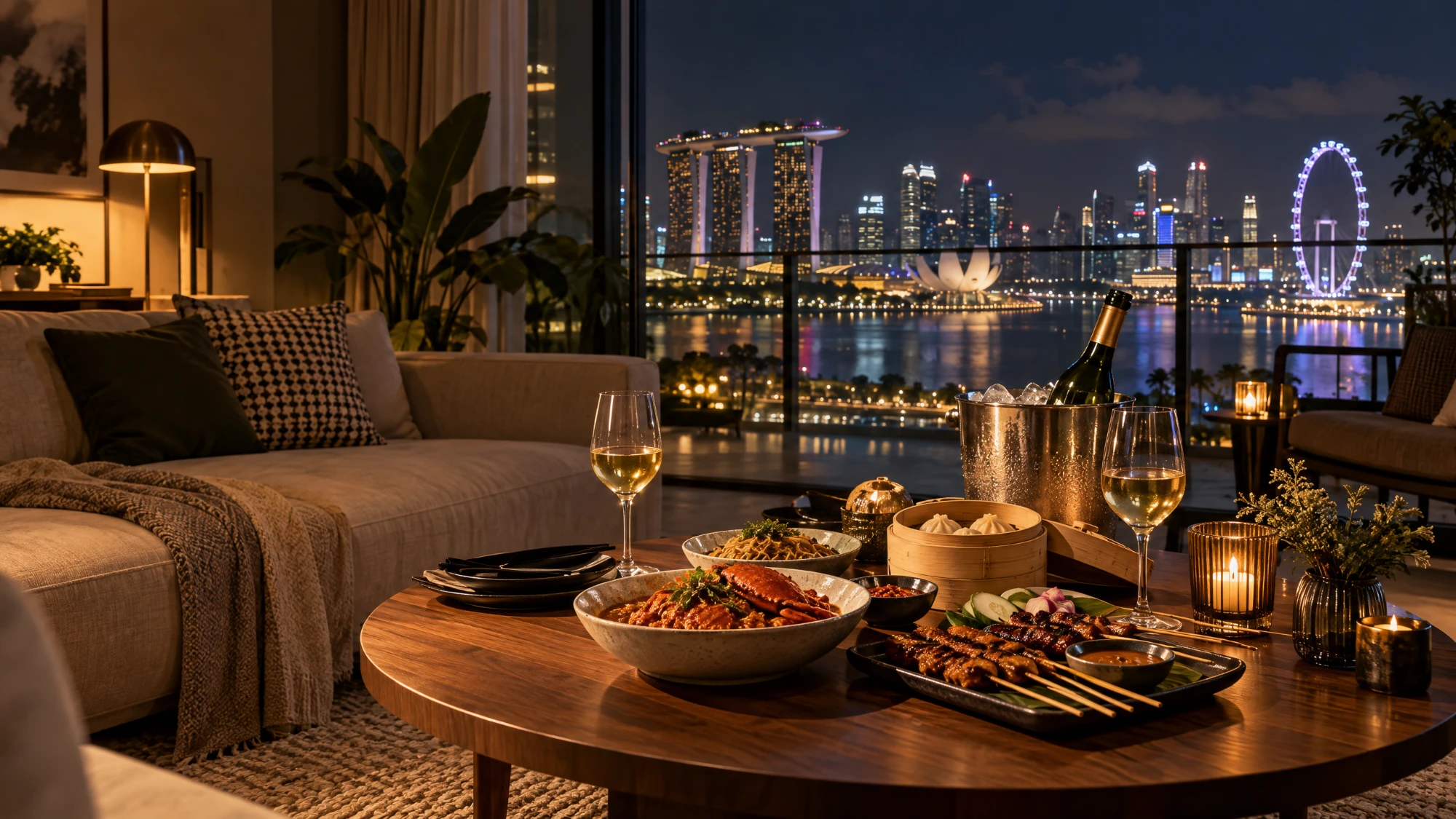 A softly lit living room evening with a chilled bottle in an ice bucket, wine glasses and a takeaway spread on the coffee table, marina skyline visible through the window.