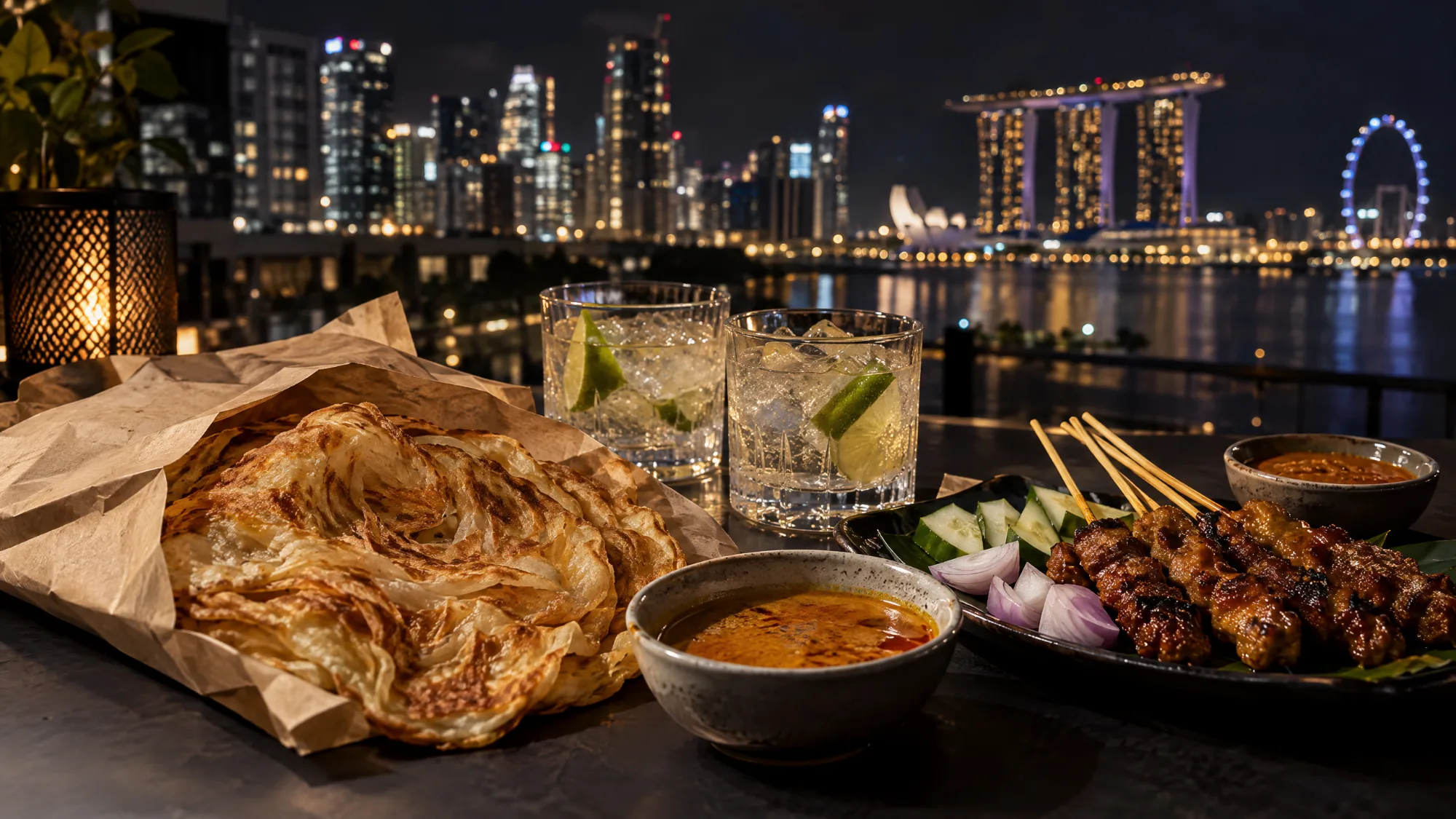 A paper bag of roti prata, a bowl of curry and a plate of satay with two iced lime-and-soda drinks on a night-time terrace, with the Marina Bay skyline across the water.