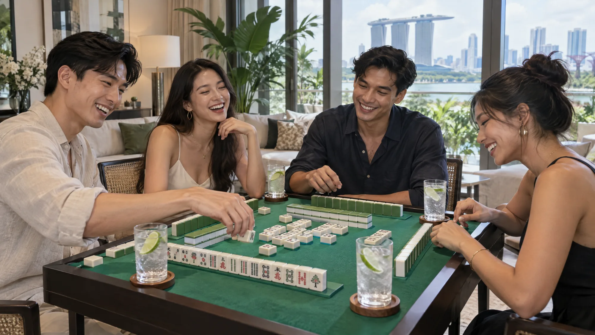 Four friends laughing over a game of mahjong at a green-topped table in a bright living room, with tall vodka sodas with lime beside the tiles and the Marina Bay skyline through the window.