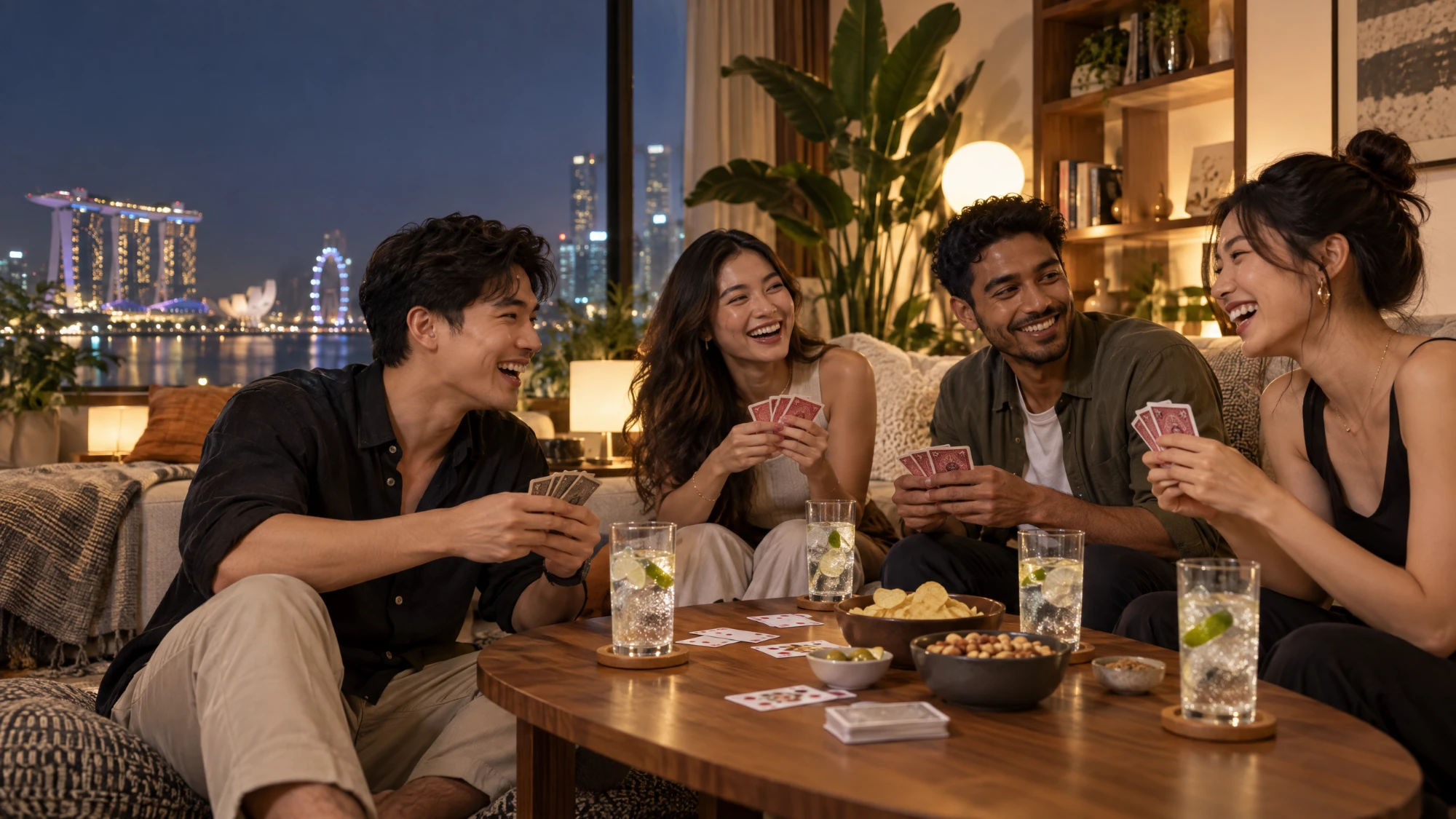 Four friends laughing over a card game at a coffee table with chilled drinks, in a living room with a night skyline view.