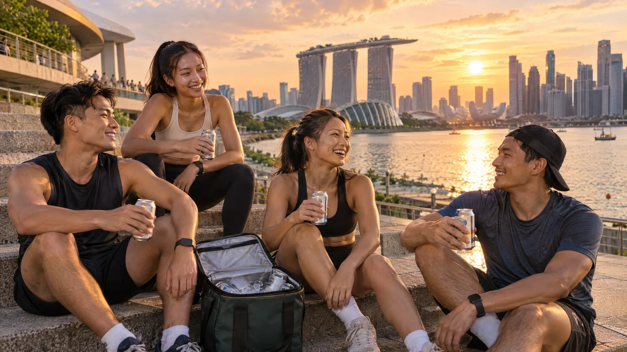 Four friends in sportswear sitting on the steps by Marina Bay at sunset, each holding a can of beer, with an open cooler bag of ice and cans beside them.