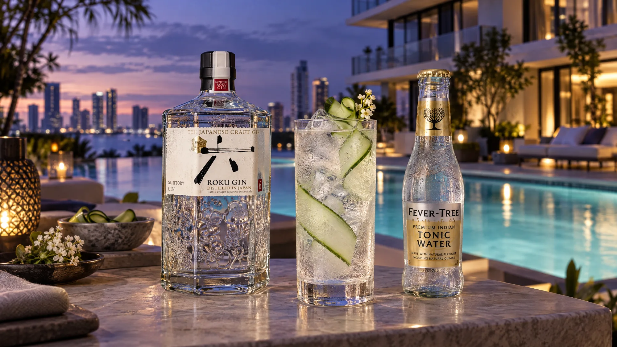 A bottle of Suntory Roku Gin and a bottle of Fever-Tree Premium Indian Tonic Water beside a tall glass of gin and tonic with a cucumber ribbon, on a stone table beside a lit swimming pool at dusk.