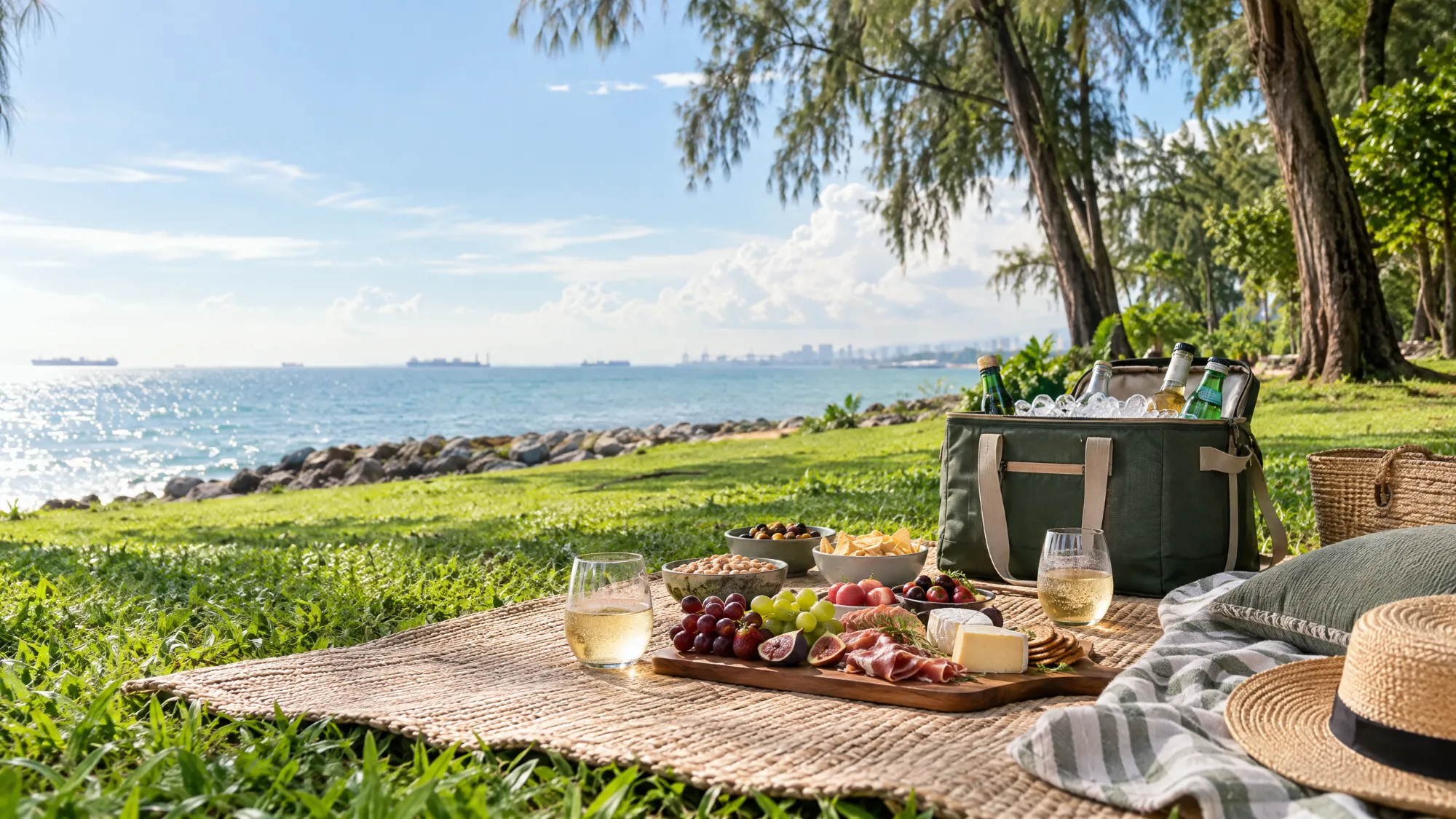 A picnic spread of wine, cheese, charcuterie and fruit laid out on a woven mat beside the sea, with a cooler bag of chilled drinks nearby.