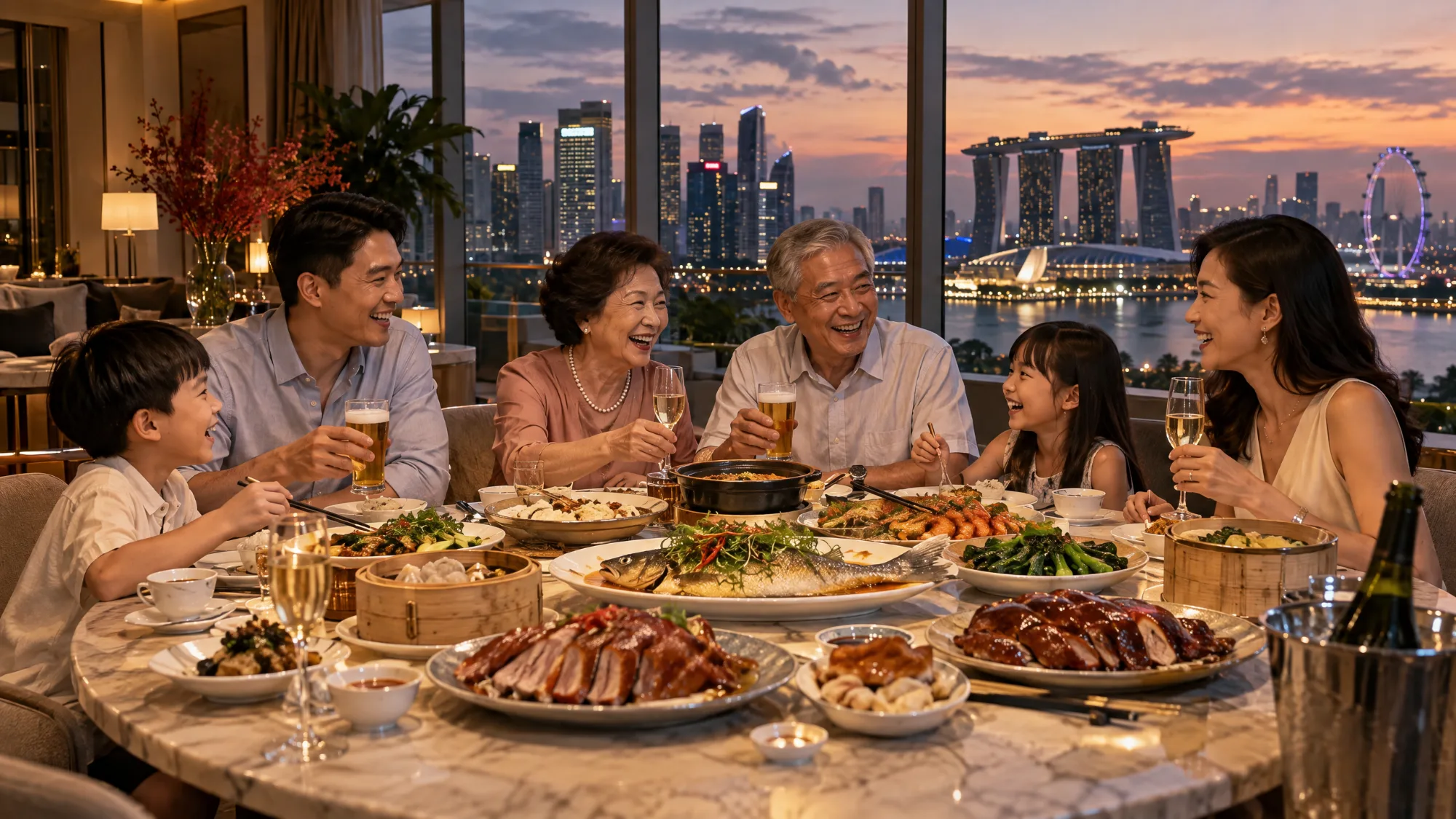 A family of three generations laughing around a marble dining table set with steamed fish, roast meats and dim sum, holding glasses of beer and sparkling wine, with the Marina Bay skyline at dusk behind them.
