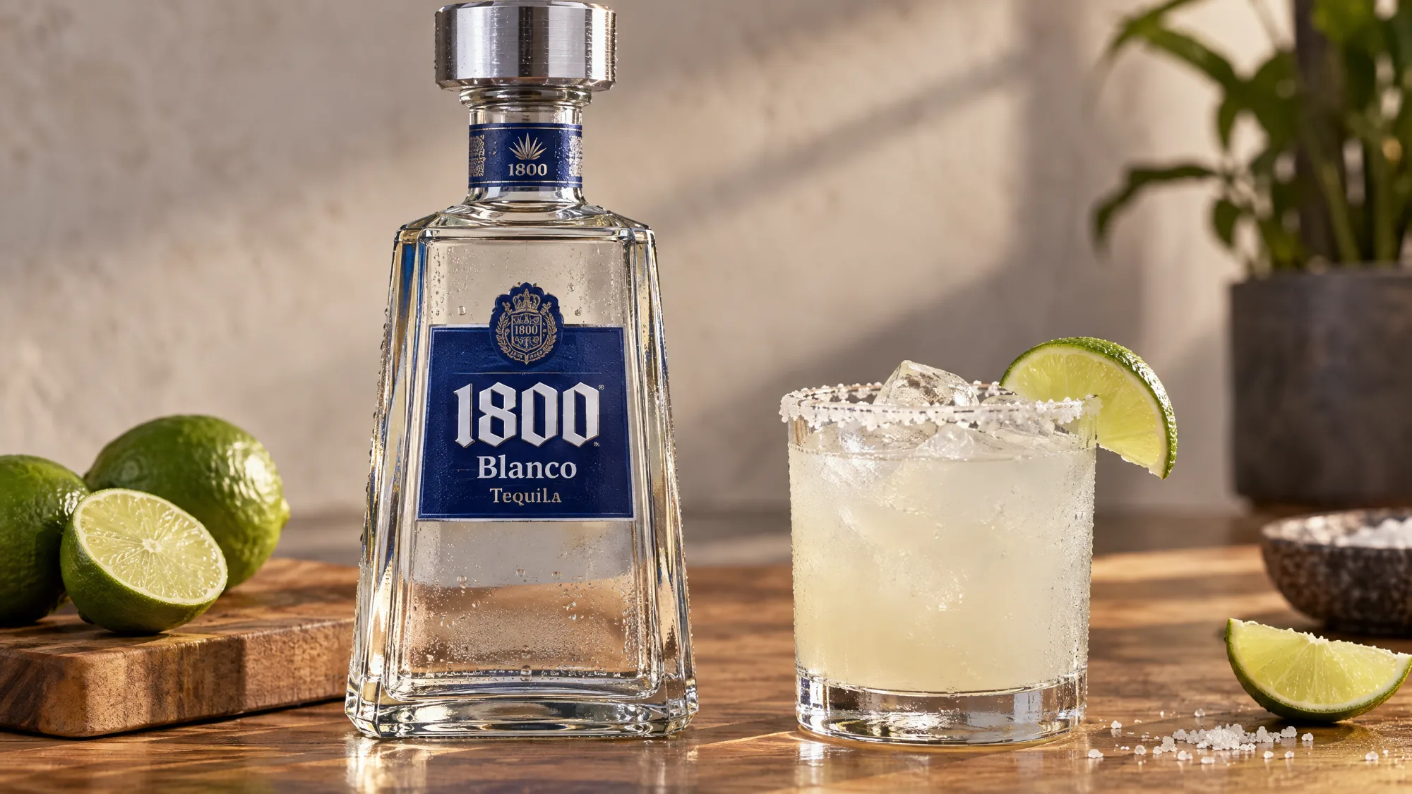 A bottle of 1800 Blanco Tequila beside a salt-rimmed margarita with a lime wedge, with halved limes on a wooden board and a bowl of salt on the table.