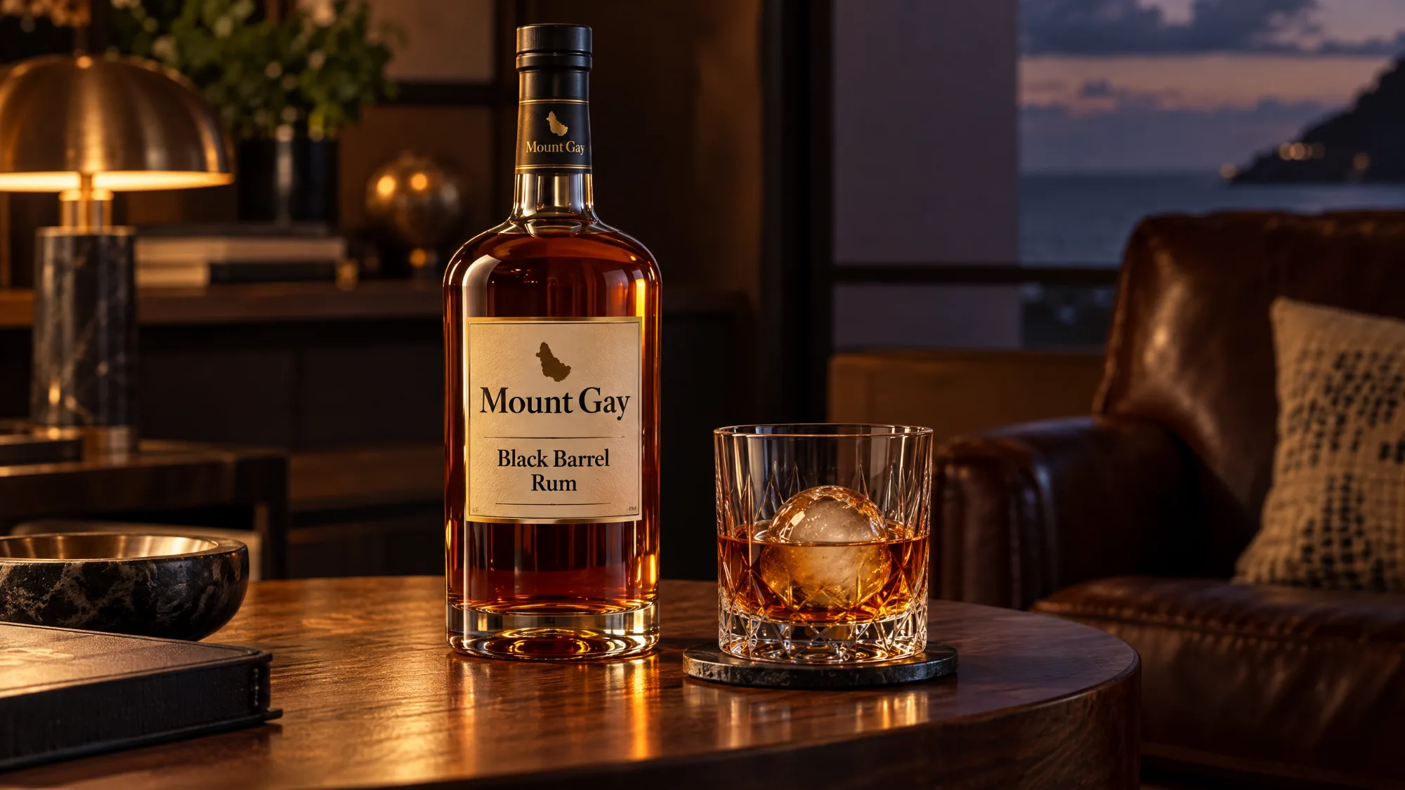 A bottle of Mount Gay Black Barrel Rum beside a cut-crystal glass with one large ice sphere, on a wooden table in a dimly lit lounge with a leather armchair and the sea at dusk behind.