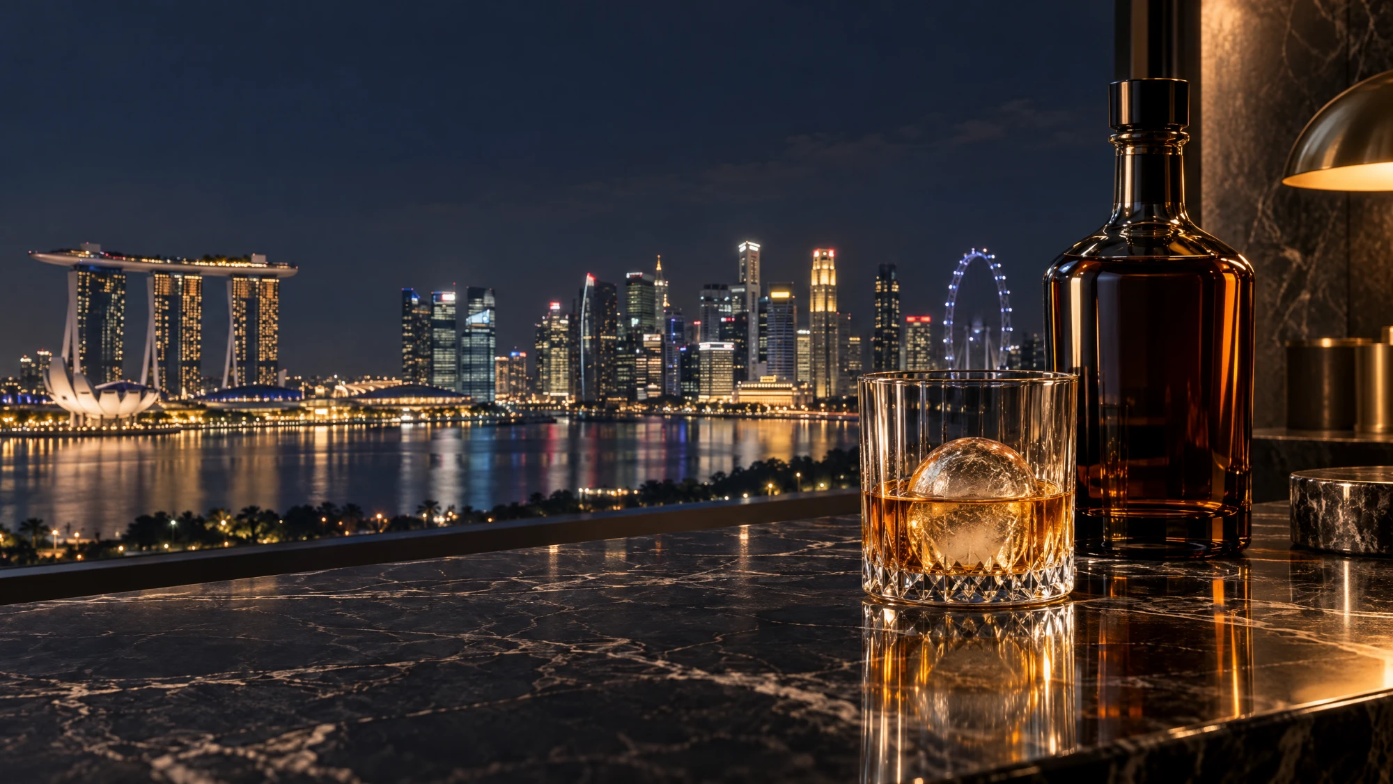A glass of whisky with a large ice sphere beside the bottle on a dark marble counter, with the city skyline lit up at night through the window.