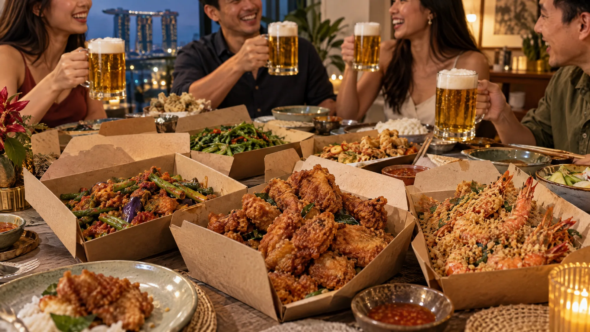 Friends raising mugs of beer over a table of takeaway boxes of fried chicken, crumb-coated prawns and stir-fried vegetables, with the Marina Bay skyline lit up at night behind them.